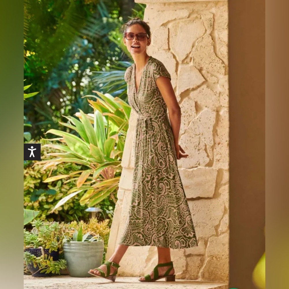 Boden Viscose Jersey Summer Paisley Pea Green Midi Dress Women’s Size 14 Regular
